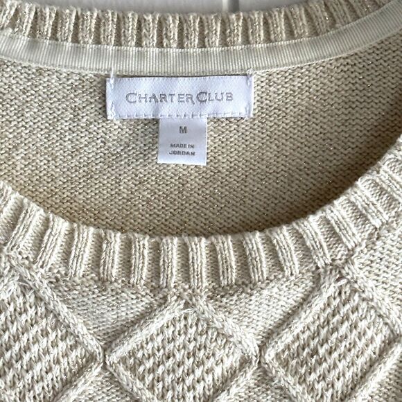 Charter Club Festive Cable Knit Size M Accent Button Metallic Gold Tan Sweater C - Picture 5 of 6